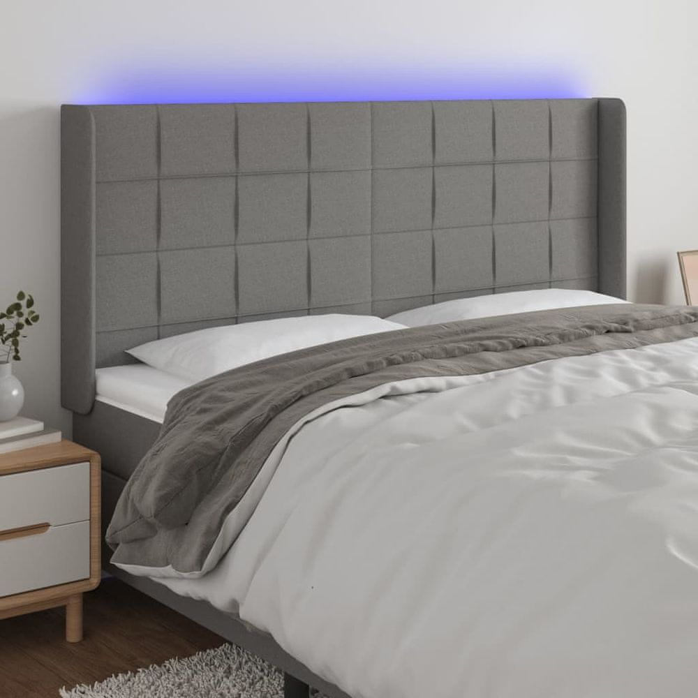 Vidaxl Čelo postele s LED tmavosivé 183x16x118/128 cm látka